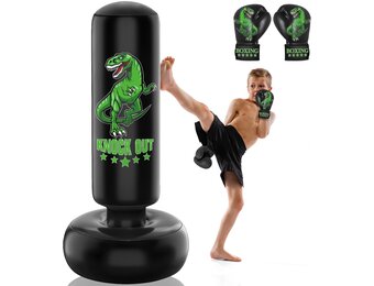 Kids Punhing Bag - 160 cm vrijstaande bokszakset met bokshandschoenen - Ferocious Dinosaur Sports opblaasbare kickbokszak voor training Karate Taekwondo MMA