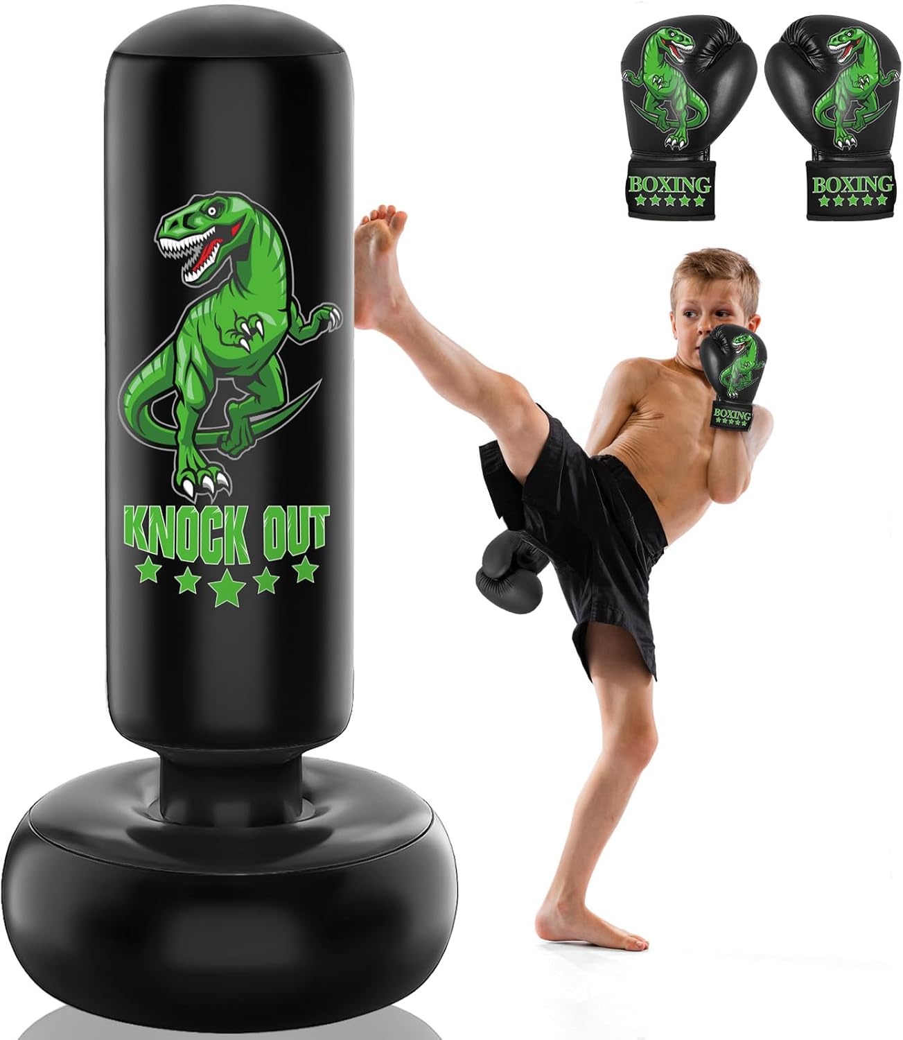 Kids Punhing Bag - 160 cm vrijstaande bokszakset met bokshandschoenen - Ferocious Dinosaur Sports opblaasbare kickbokszak voor training Karate Taekwondo MMA