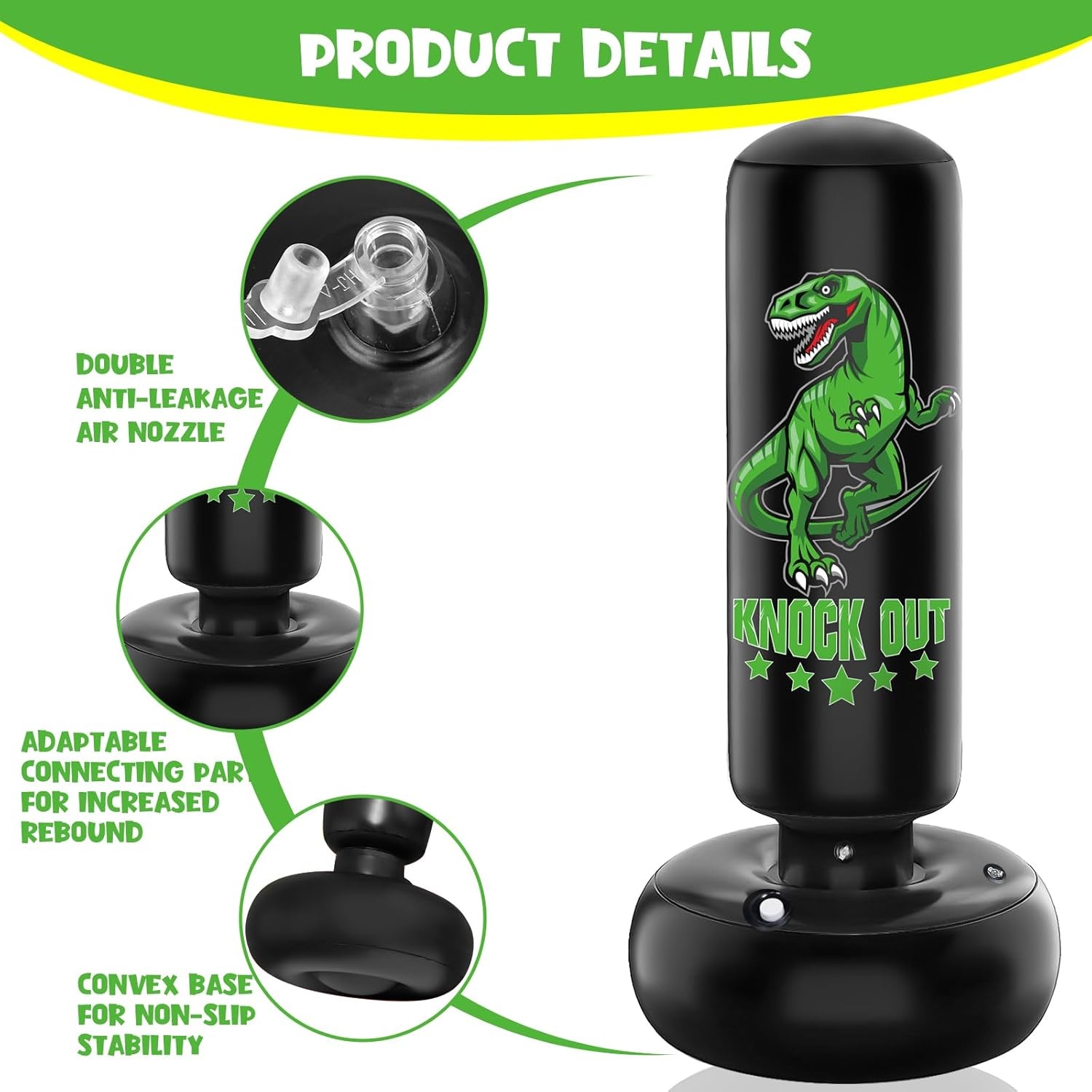 Kids Punhing Bag - 160 cm vrijstaande bokszakset met bokshandschoenen - Ferocious Dinosaur Sports opblaasbare kickbokszak voor training Karate Taekwondo MMA