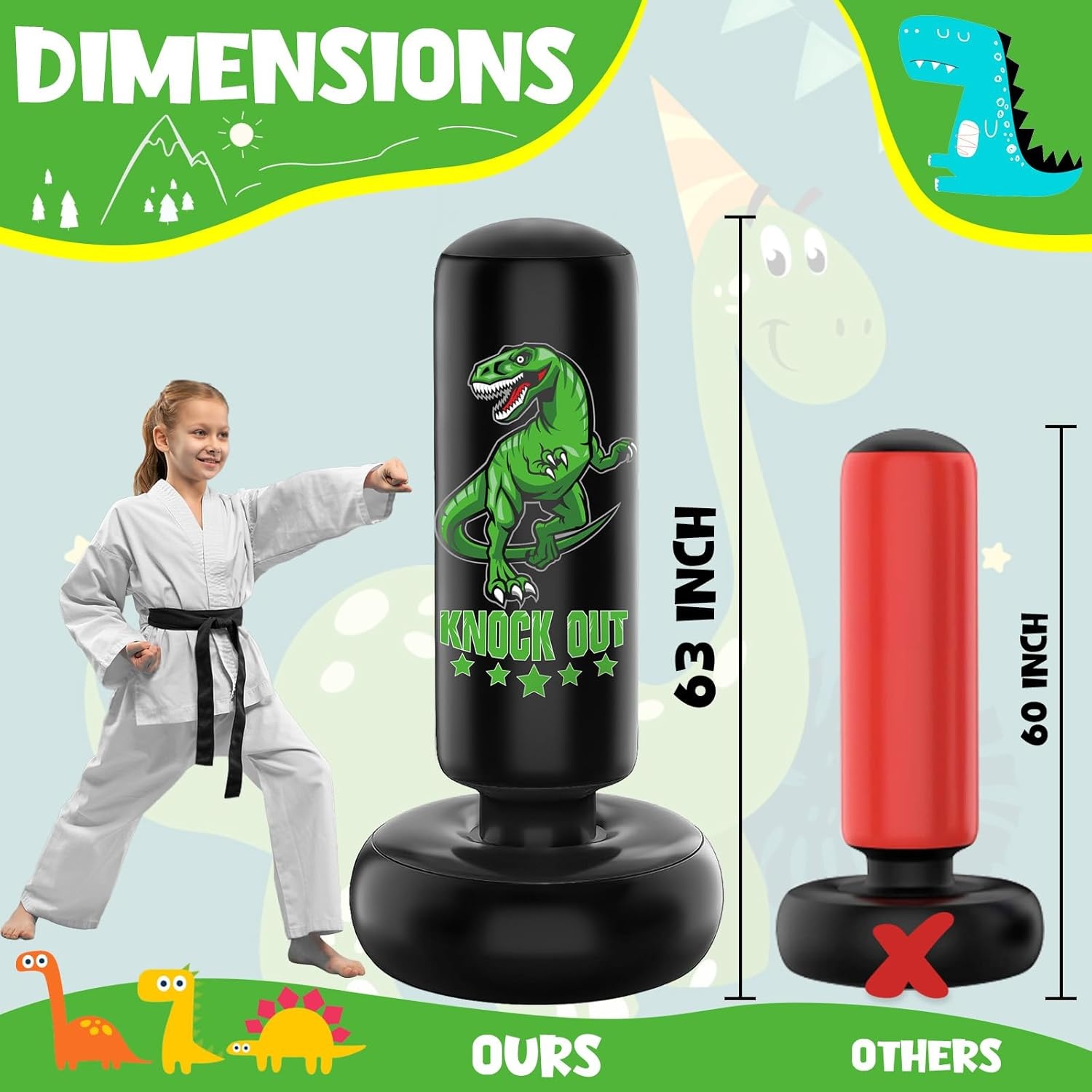Kids Punhing Bag - 160 cm vrijstaande bokszakset met bokshandschoenen - Ferocious Dinosaur Sports opblaasbare kickbokszak voor training Karate Taekwondo MMA