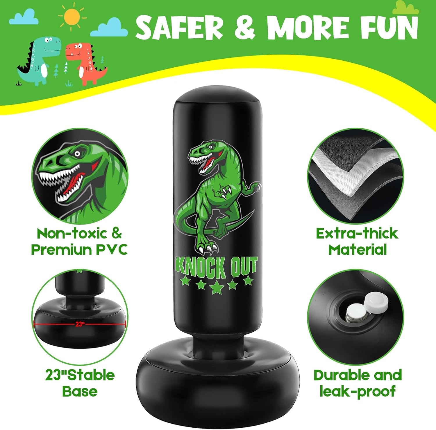 Kids Punhing Bag - 160 cm vrijstaande bokszakset met bokshandschoenen - Ferocious Dinosaur Sports opblaasbare kickbokszak voor training Karate Taekwondo MMA