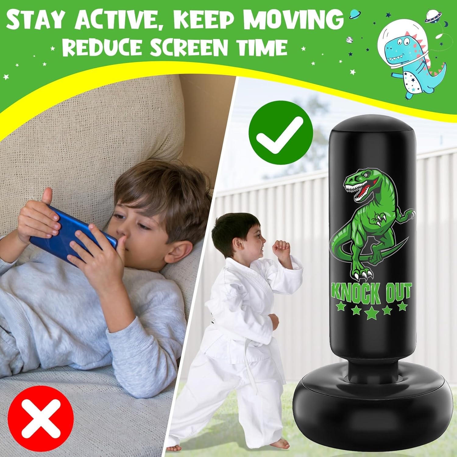 Kids Punhing Bag - 160 cm vrijstaande bokszakset met bokshandschoenen - Ferocious Dinosaur Sports opblaasbare kickbokszak voor training Karate Taekwondo MMA