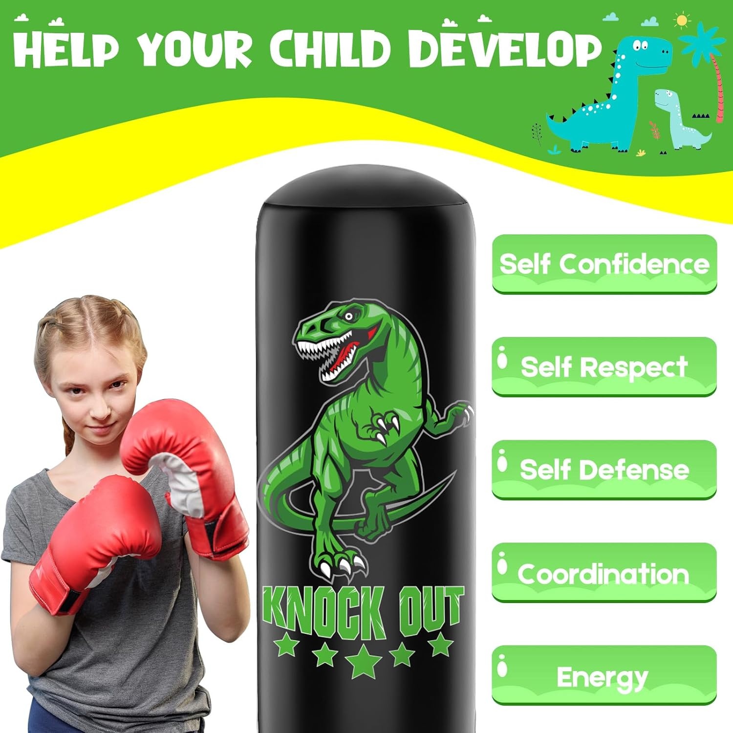 Kids Punhing Bag - 160 cm vrijstaande bokszakset met bokshandschoenen - Ferocious Dinosaur Sports opblaasbare kickbokszak voor training Karate Taekwondo MMA