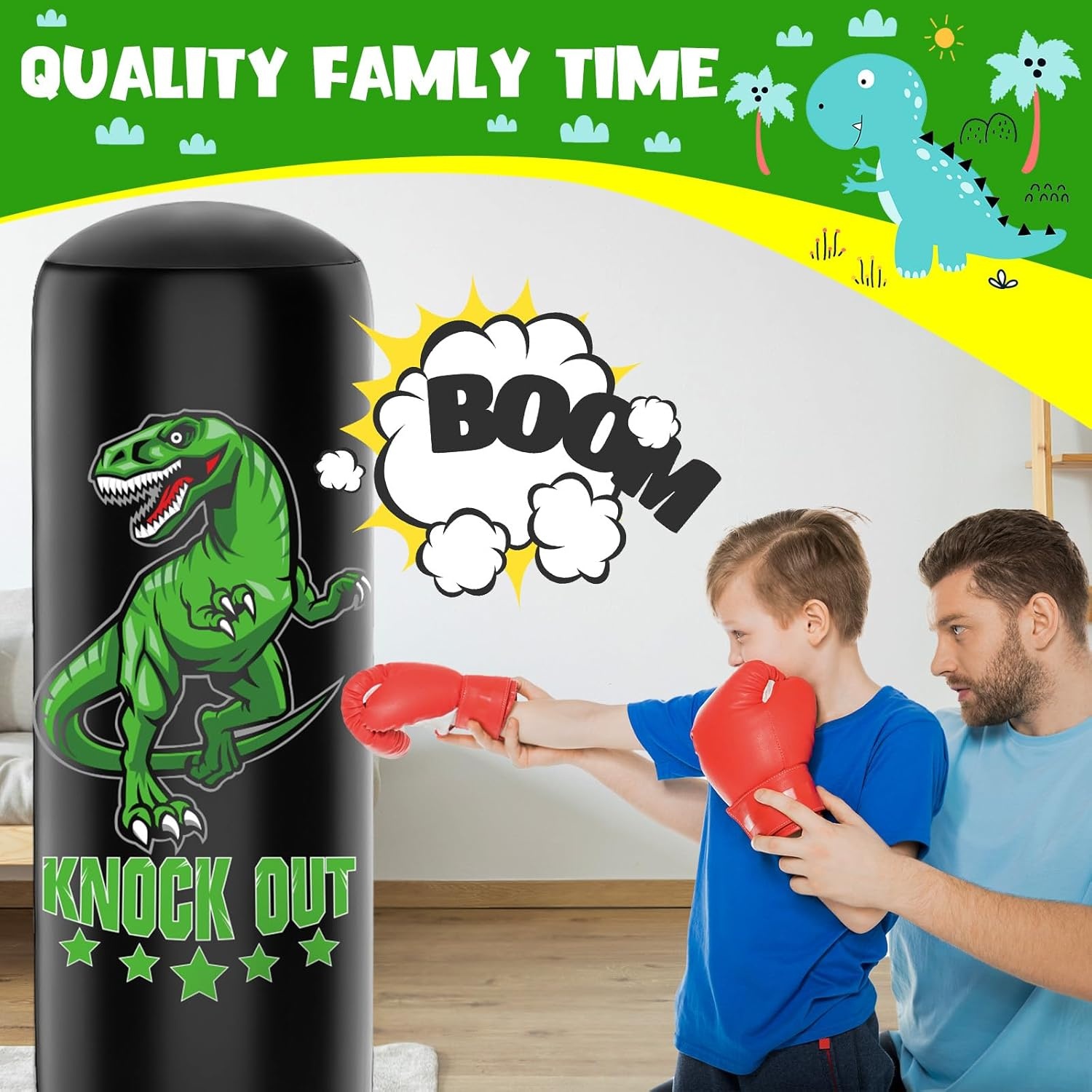 Kids Punhing Bag - 160 cm vrijstaande bokszakset met bokshandschoenen - Ferocious Dinosaur Sports opblaasbare kickbokszak voor training Karate Taekwondo MMA