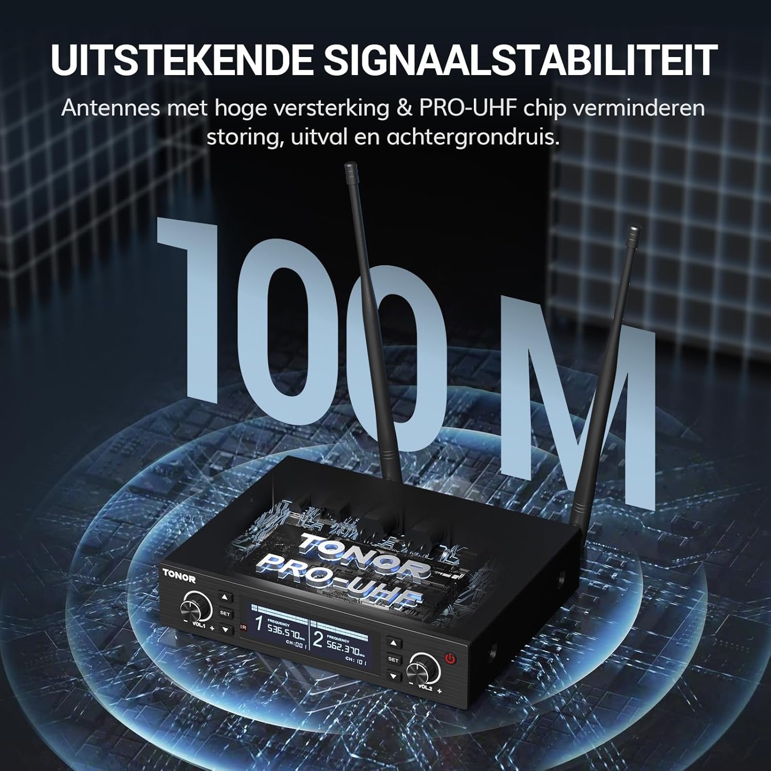 TONOR TW750 Draadloos Microfoonsysteem, 100 UHF Frequenties, Oplaadbaar, 100m Bereik