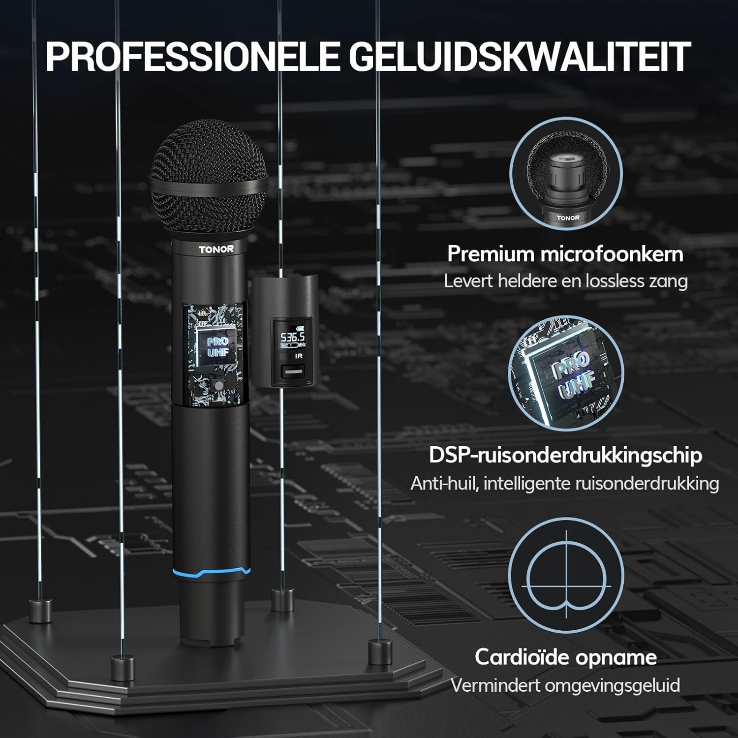 TONOR TW750 Draadloos Microfoonsysteem, 100 UHF Frequenties, Oplaadbaar, 100m Bereik