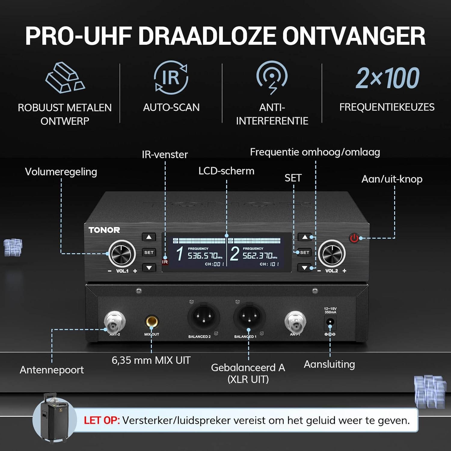 TONOR TW750 Draadloos Microfoonsysteem, 100 UHF Frequenties, Oplaadbaar, 100m Bereik