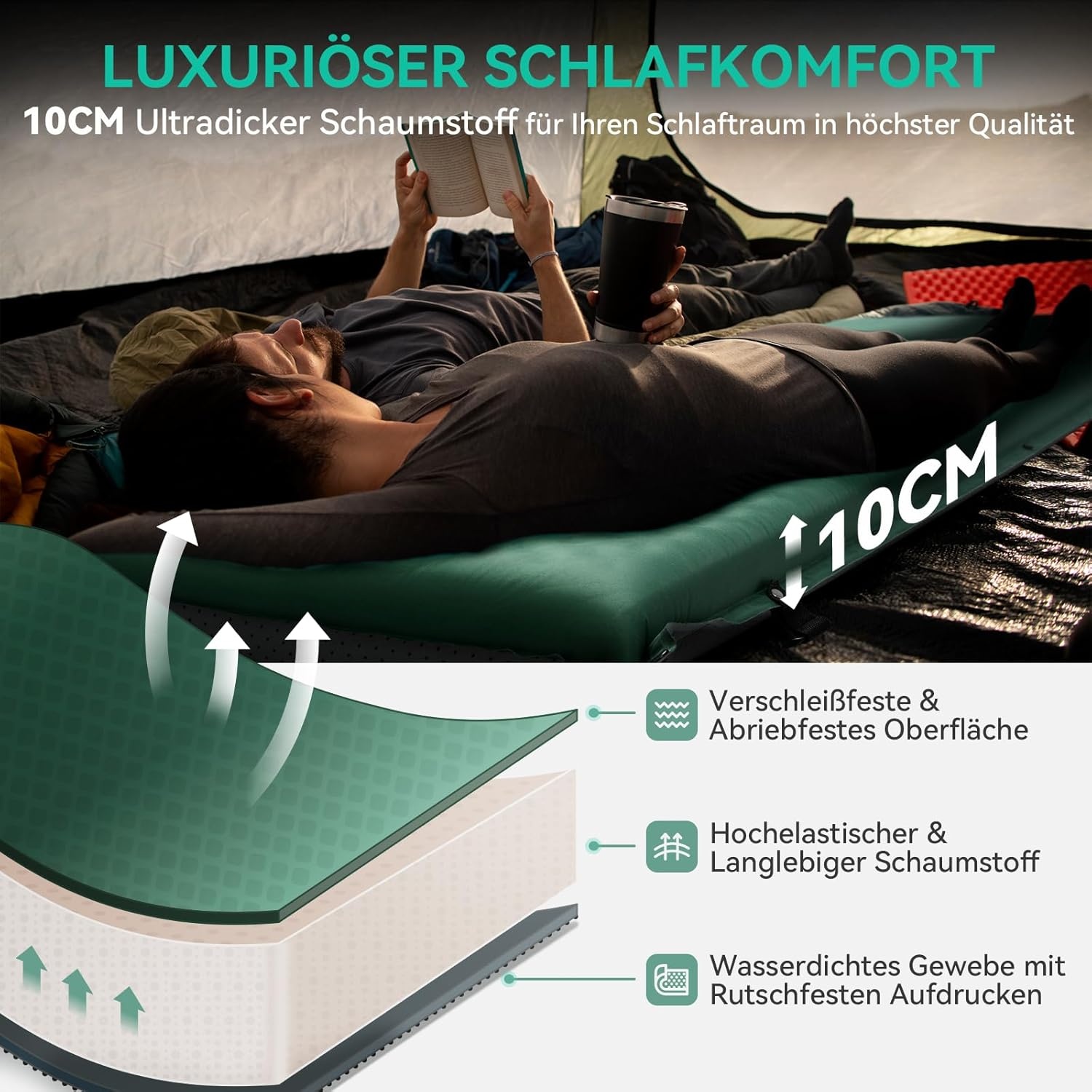 Zelfopblazende Slaapmat Kamperen - 10cm Dik - Groen (-34%)