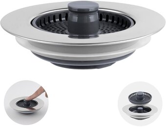 iFealClear Opgewaardeerde gootsteenzeef en plugset, 3-in-1 afvoerstop + roestvrijstalen omhulde schaal, vervanging van gootsteenstekker, geschikt voor gootsteengaten met een diameter van 75-82 mm