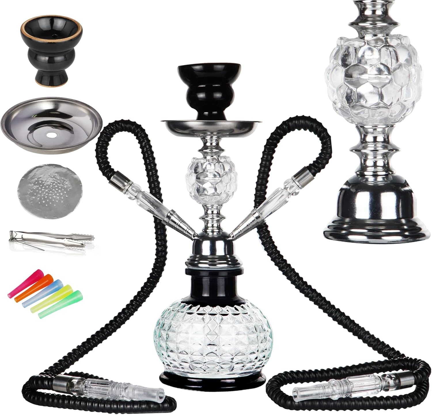 REANICE Pompoen Shisha Set 32cm Waterpijp Compleet met 2 Slangen en Accessoires (Zwart/Transparant)
