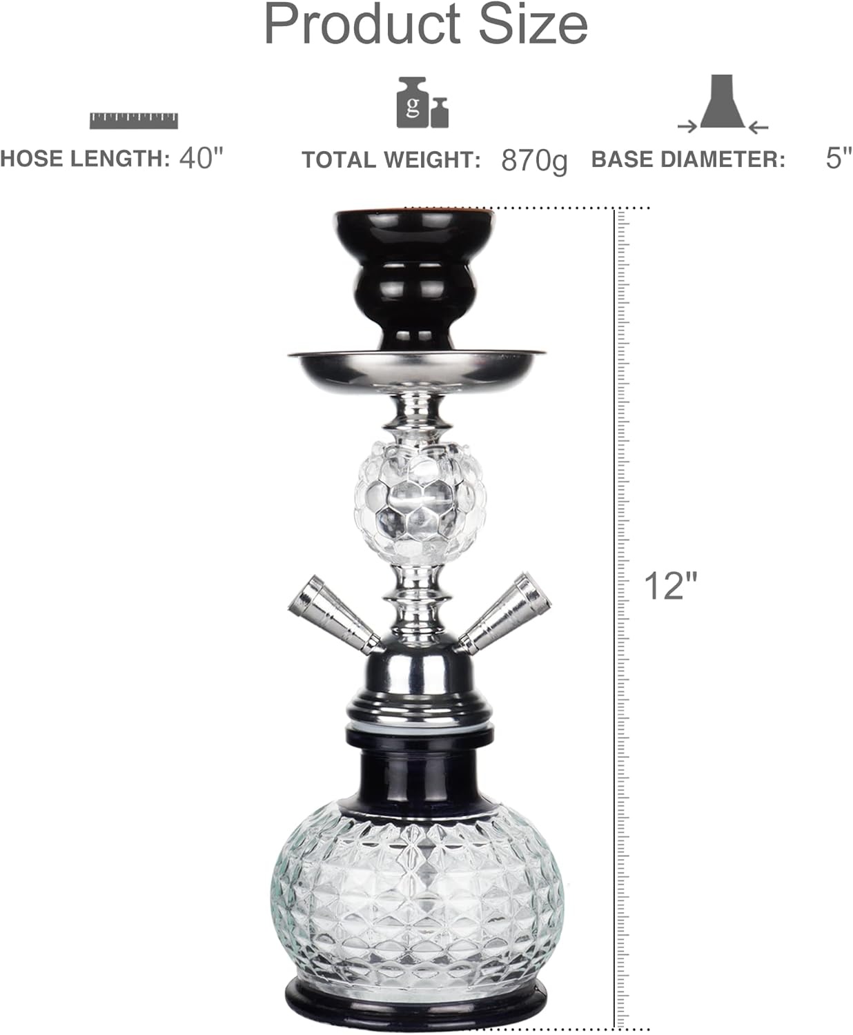 REANICE Pompoen Shisha Set 32cm Waterpijp Compleet met 2 Slangen en Accessoires (Zwart/Transparant)