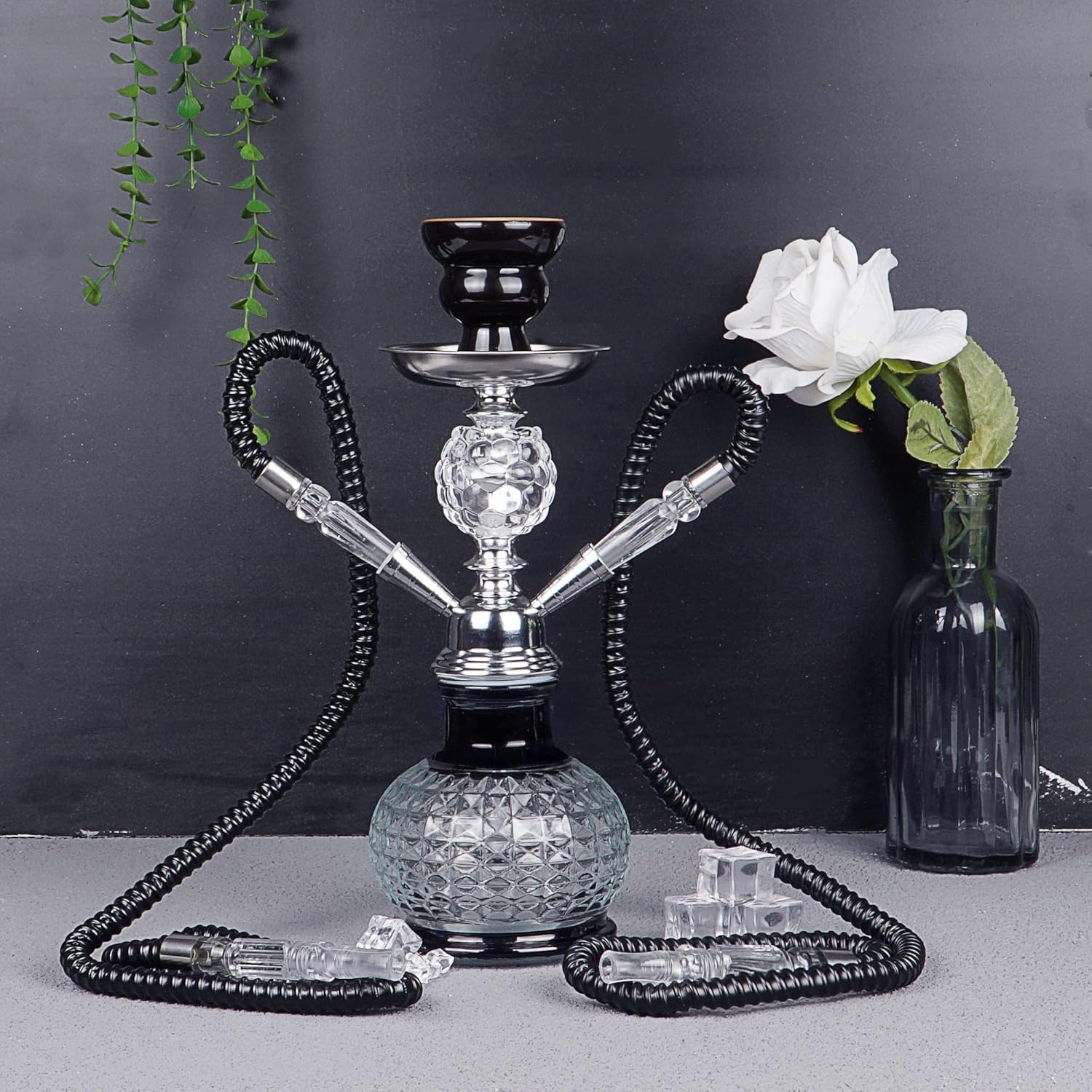 REANICE Pompoen Shisha Set 32cm Waterpijp Compleet met 2 Slangen en Accessoires (Zwart/Transparant)