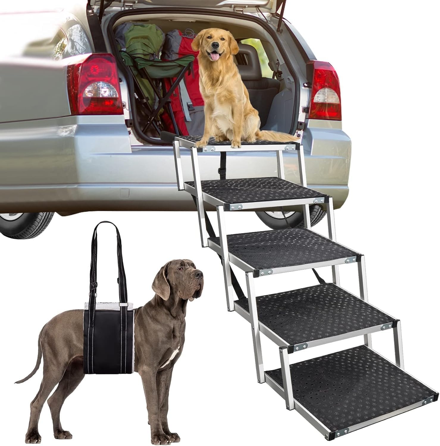 Hondentrap, hondenleuning met antislip oppervlak, tot 80 kg, hondentrap voor auto, 5 treden, voor sedans, SUV, vrachtwagens