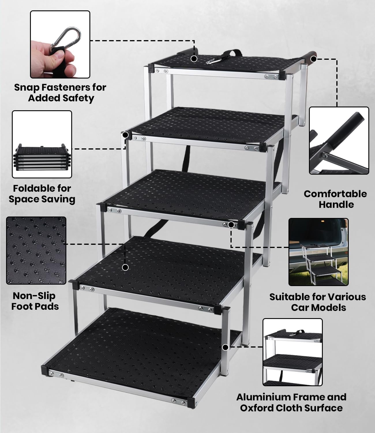 Hondentrap, hondenleuning met antislip oppervlak, tot 80 kg, hondentrap voor auto, 5 treden, voor sedans, SUV, vrachtwagens