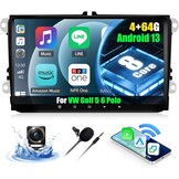 4 + 64GB 8 Core CAMECHO Android 13 Auto Radio voor VW Golf 5 Polo Caddy Skoda met Navi Carplay Android Auto Draadloze, Dubbele Din Radio met 9 Inch Scherm, spiegel Link RDS/FM Bluetooth 5.0 + DSP