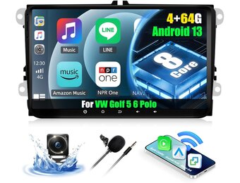 4 + 64GB 8 Core CAMECHO Android 13 Auto Radio voor VW Golf 5 Polo Caddy Skoda met Navi Carplay Android Auto Draadloze, Dubbele Din Radio met 9 Inch Scherm, spiegel Link RDS/FM Bluetooth 5.0 + DSP