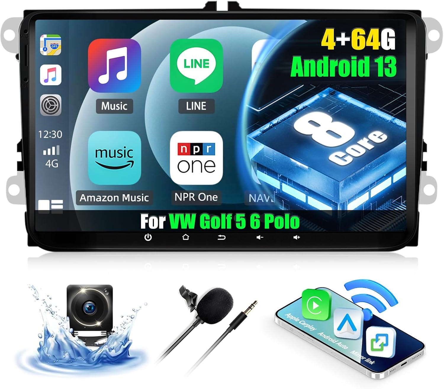 4 + 64GB 8 Core CAMECHO Android 13 Auto Radio voor VW Golf 5 Polo Caddy Skoda met Navi Carplay Android Auto Draadloze, Dubbele Din Radio met 9 Inch Scherm, spiegel Link RDS/FM Bluetooth 5.0 + DSP