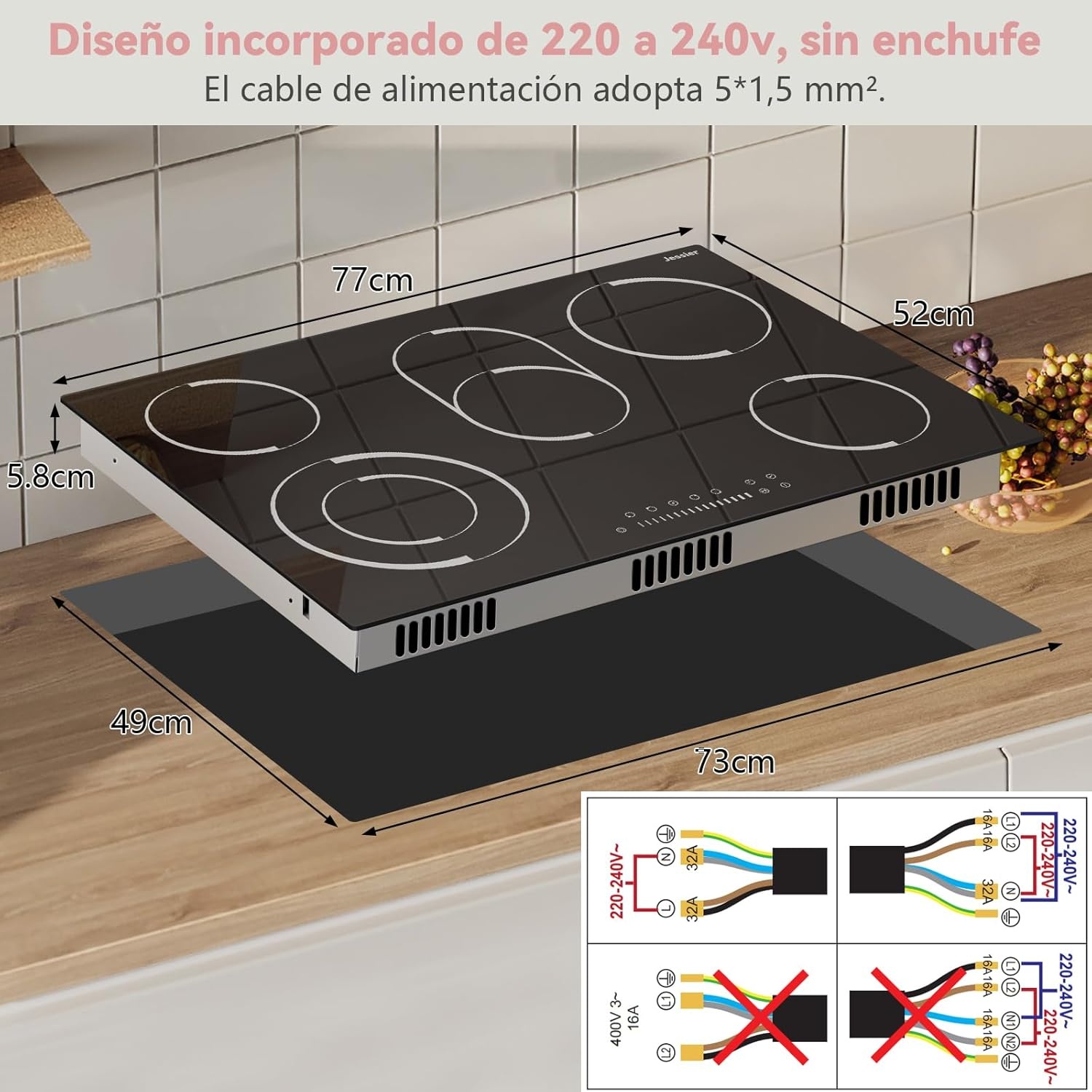 Keramische kookplaat, 5 platen, inbouw 8400 W, Jessier kookplaat 5 kookplaten met dubbele ring, ovaal grilloppervlak, kookplaat zelfvoorzienend 70 cm, 9 standen, pauzefunctie, timer,