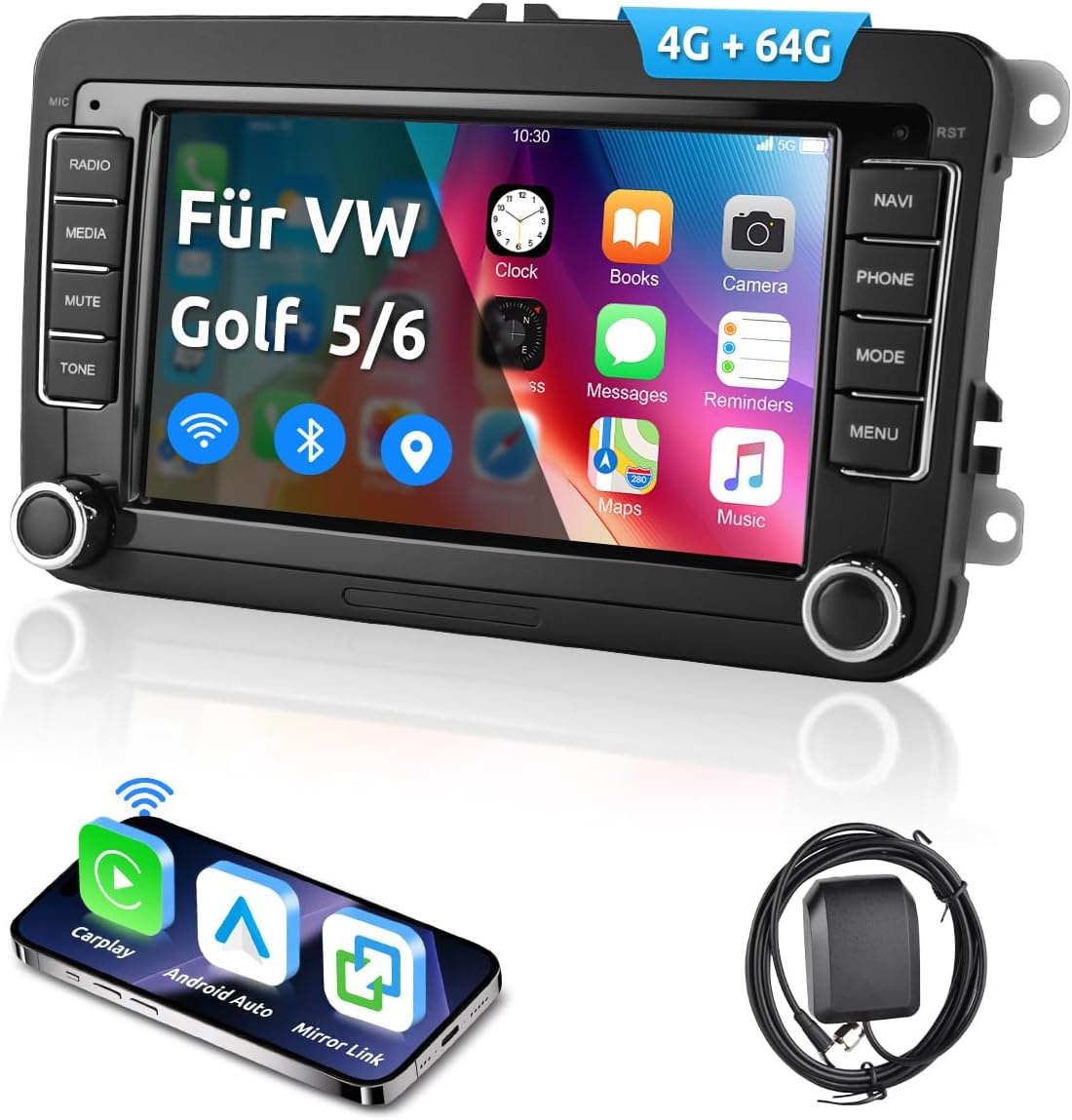 ESSGOO 4+64G Wireless CarPlay Android Car Radio for VW Caddy Golf MK5 6 Polo Passat Seat RCD330, Android 14 2 DIN Bluetooth Radio with 7 Inch Touch Scereen FM RDS GPS WiFi Sat Nav