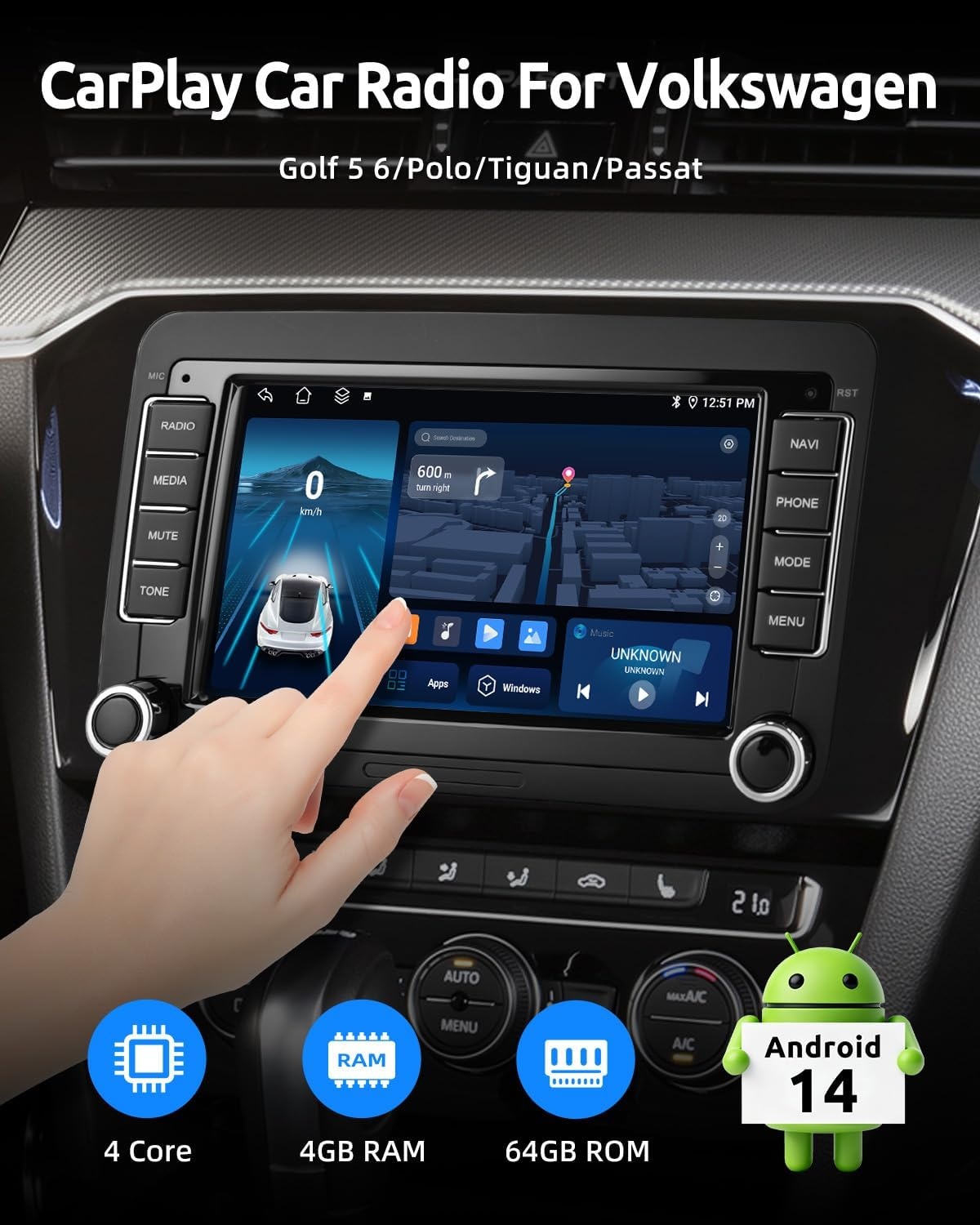 ESSGOO 4+64G Wireless CarPlay Android Car Radio for VW Caddy Golf MK5 6 Polo Passat Seat RCD330, Android 14 2 DIN Bluetooth Radio with 7 Inch Touch Scereen FM RDS GPS WiFi Sat Nav