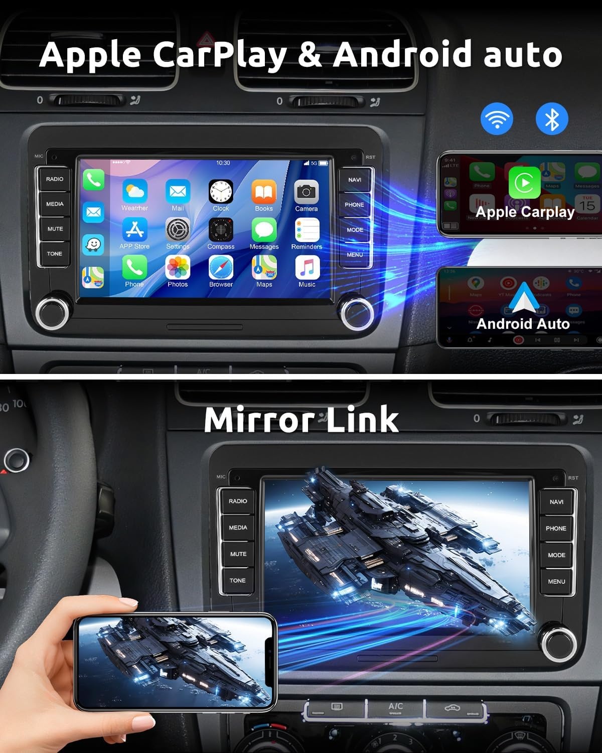 ESSGOO 4+64G Wireless CarPlay Android Car Radio for VW Caddy Golf MK5 6 Polo Passat Seat RCD330, Android 14 2 DIN Bluetooth Radio with 7 Inch Touch Scereen FM RDS GPS WiFi Sat Nav
