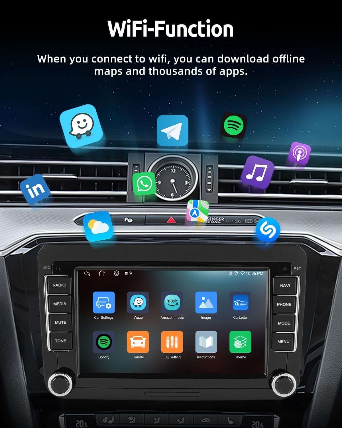 ESSGOO 4+64G Wireless CarPlay Android Car Radio for VW Caddy Golf MK5 6 Polo Passat Seat RCD330, Android 14 2 DIN Bluetooth Radio with 7 Inch Touch Scereen FM RDS GPS WiFi Sat Nav