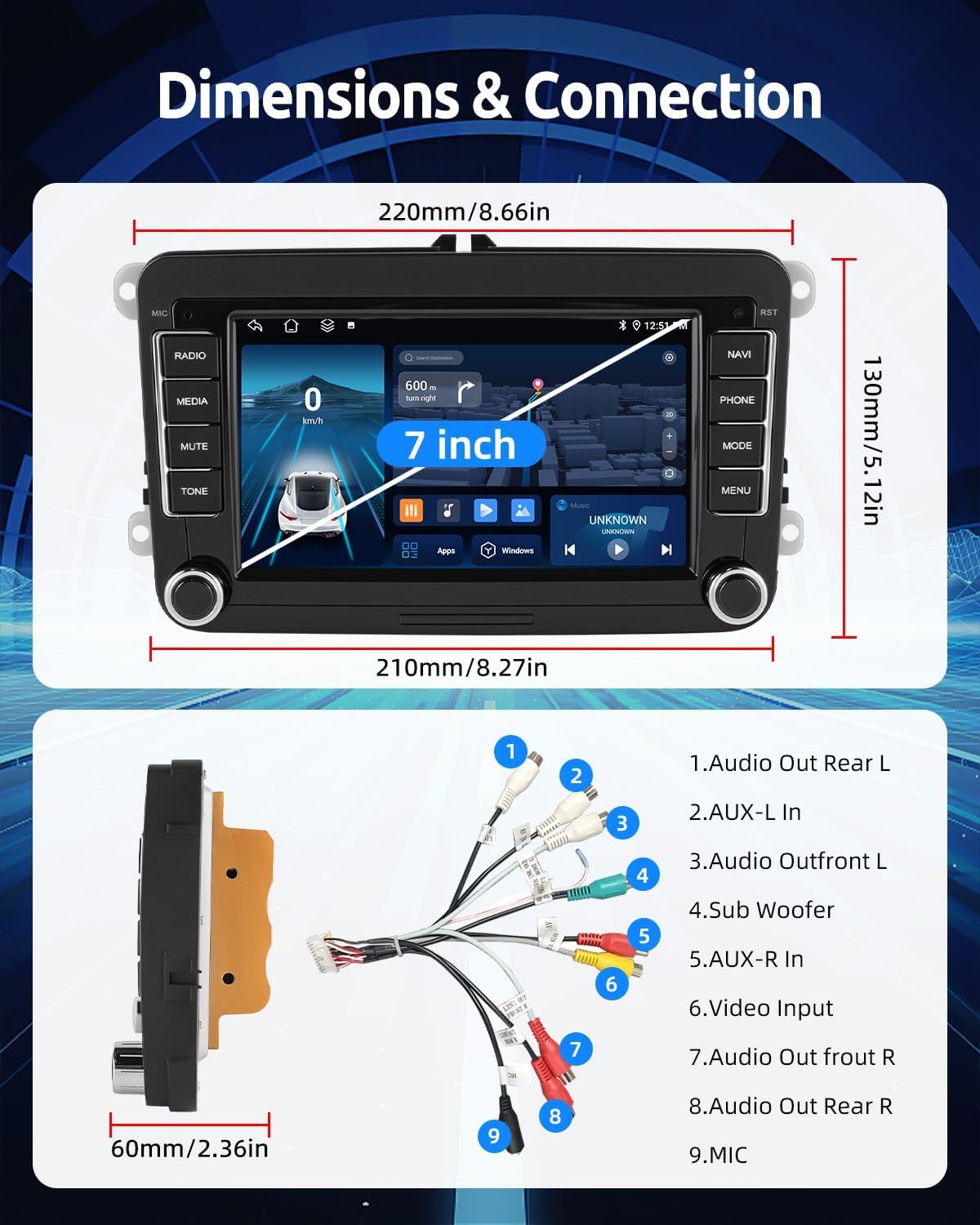 ESSGOO 4+64G Wireless CarPlay Android Car Radio for VW Caddy Golf MK5 6 Polo Passat Seat RCD330, Android 14 2 DIN Bluetooth Radio with 7 Inch Touch Scereen FM RDS GPS WiFi Sat Nav
