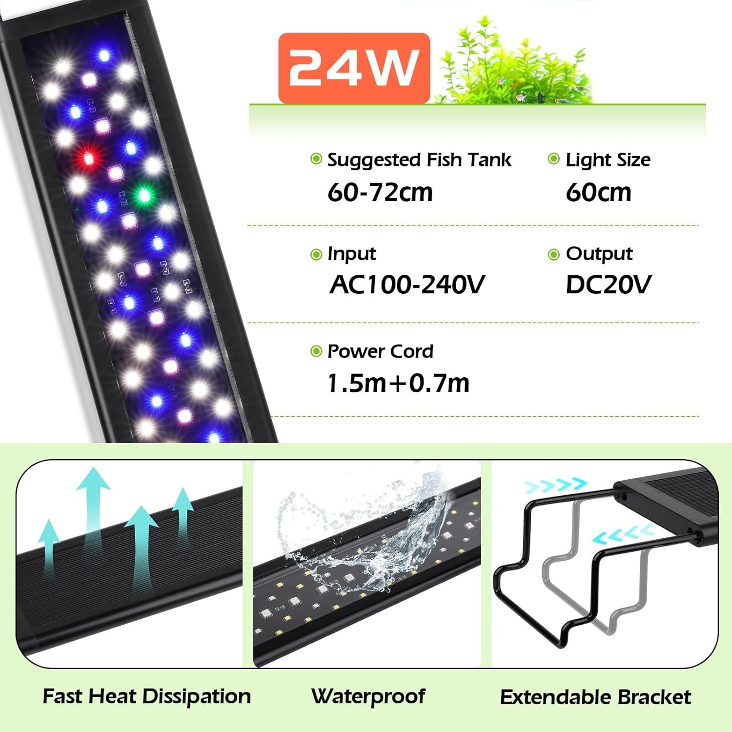 Aquarium LED-Verlichting 24W Full Spectrum (60-72cm) - 34% Korting!