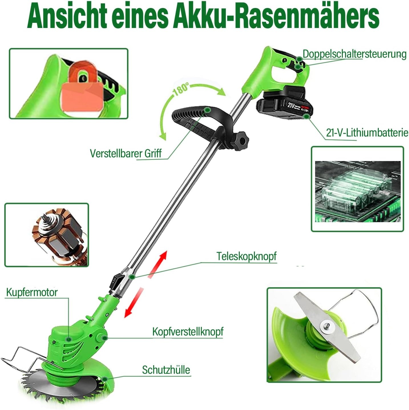 Accu Grasmaaier met Grastrimmer 2x 4.0 Ah Batterijen en Snellader, Groen/Zwart
