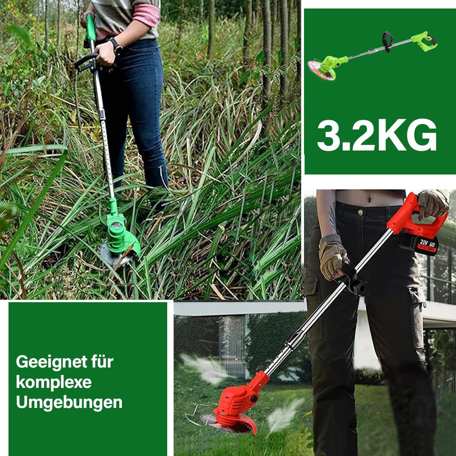 Accu Grasmaaier met Grastrimmer 2x 4.0 Ah Batterijen en Snellader, Groen/Zwart