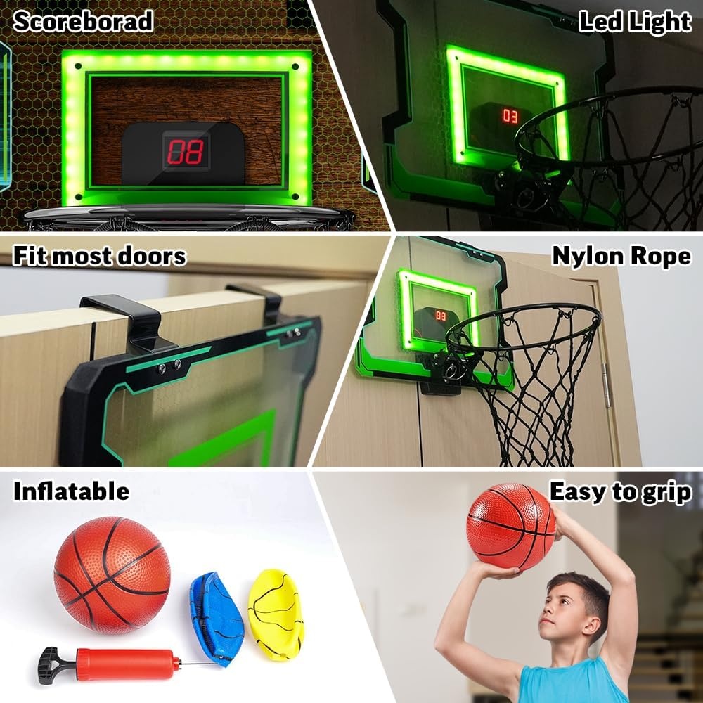 Mini basketbalring voor binnen met elektronisch scorebord, geluid & LED-verlichting - Inclusief 3 ballen en luchtpomp