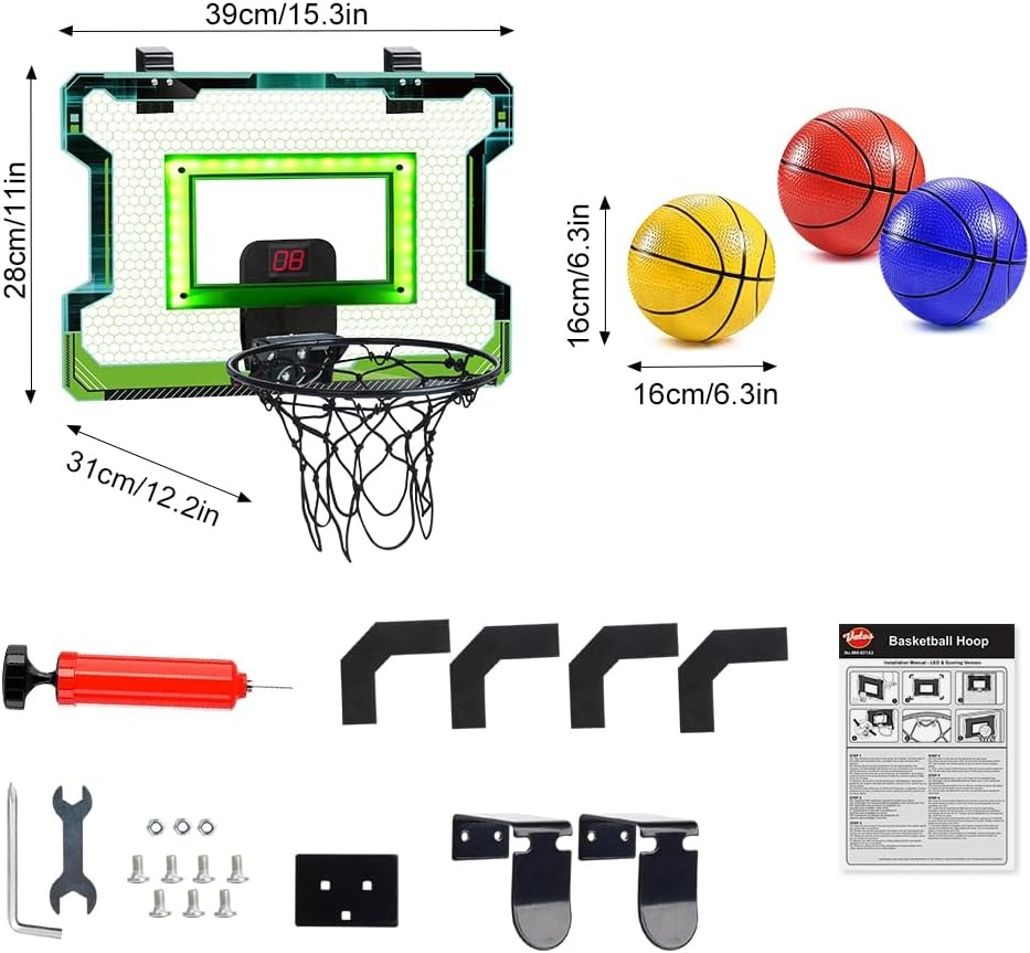 Mini basketbalring voor binnen met elektronisch scorebord, geluid & LED-verlichting - Inclusief 3 ballen en luchtpomp