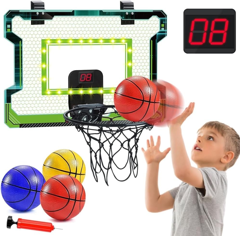 Mini basketbalring voor binnen met elektronisch scorebord, geluid & LED-verlichting - Inclusief 3 ballen en luchtpomp
