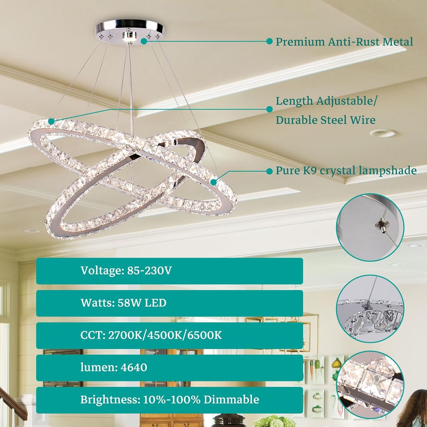 Finktonglan Kristallen Kroonluchter | 2-Ringen | 3 Kleuren | 29% Korting