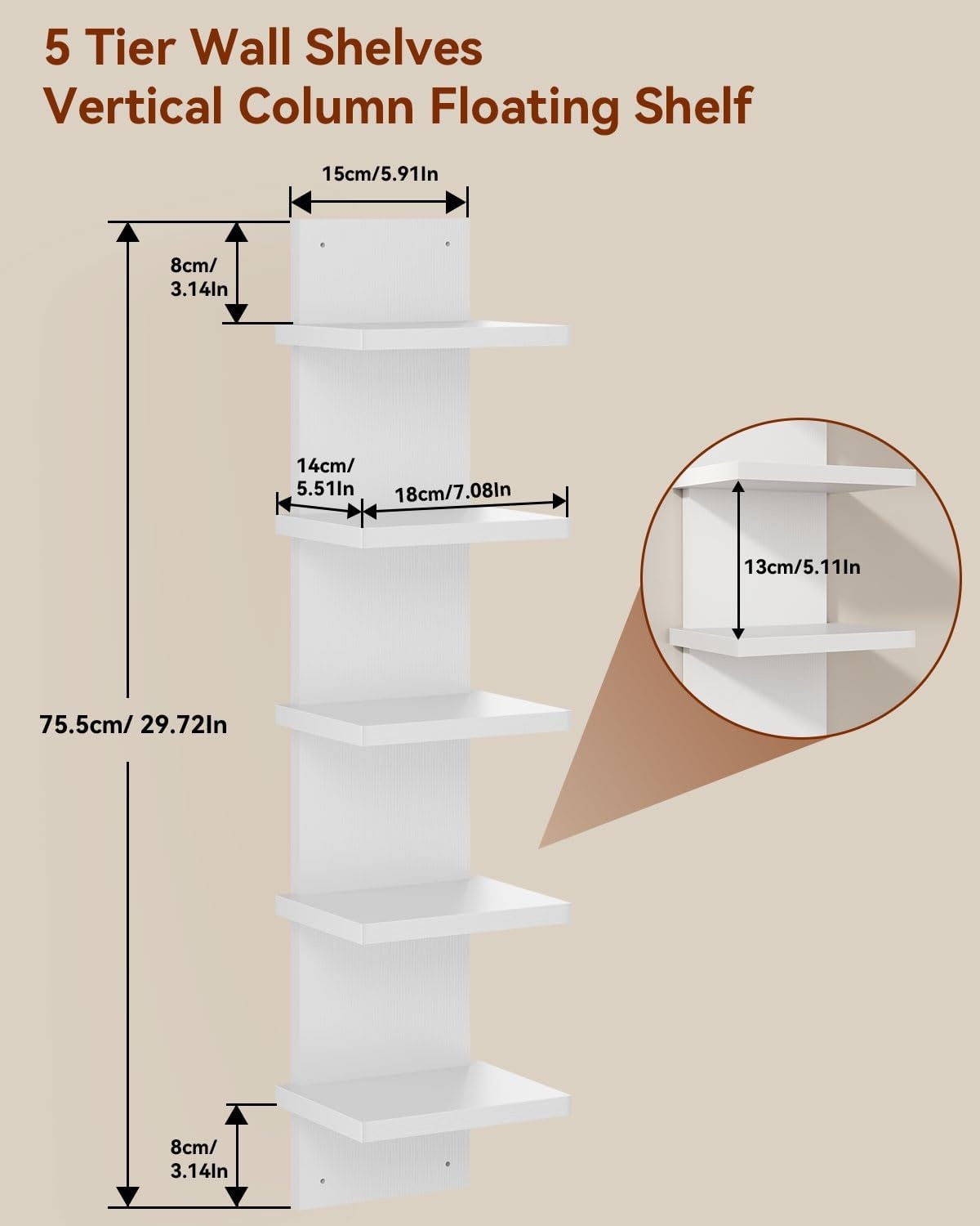 IBUYKE 5-laags muurrek, witte verticale plank, organizer hoge toren design decoratief muurmontage schap voor thuis, slaapkamer, kantoordecor WBC009W-2