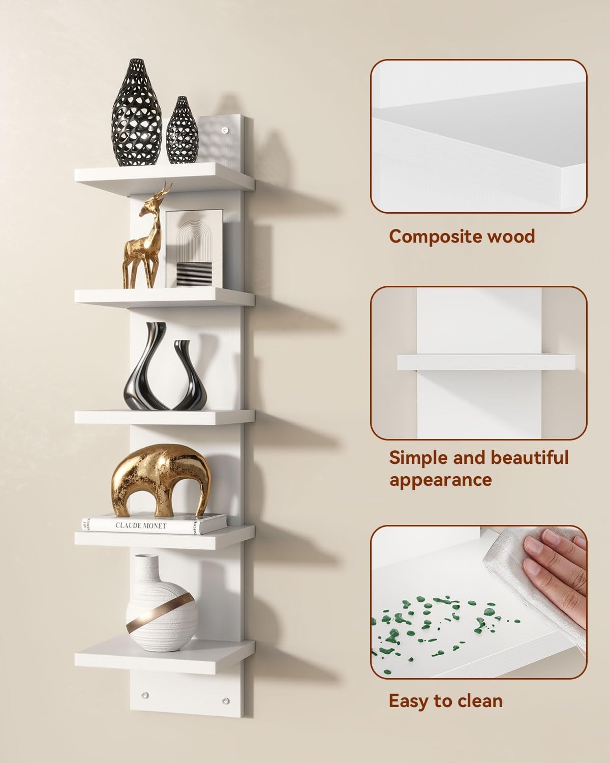 IBUYKE 5-laags muurrek, witte verticale plank, organizer hoge toren design decoratief muurmontage schap voor thuis, slaapkamer, kantoordecor WBC009W-2