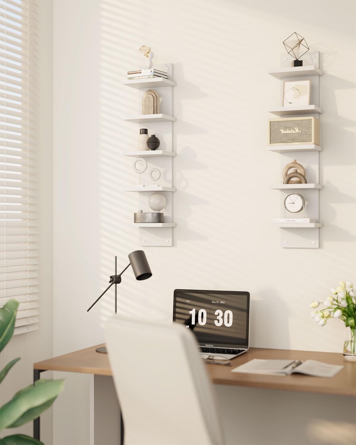 IBUYKE 5-laags muurrek, witte verticale plank, organizer hoge toren design decoratief muurmontage schap voor thuis, slaapkamer, kantoordecor WBC009W-2