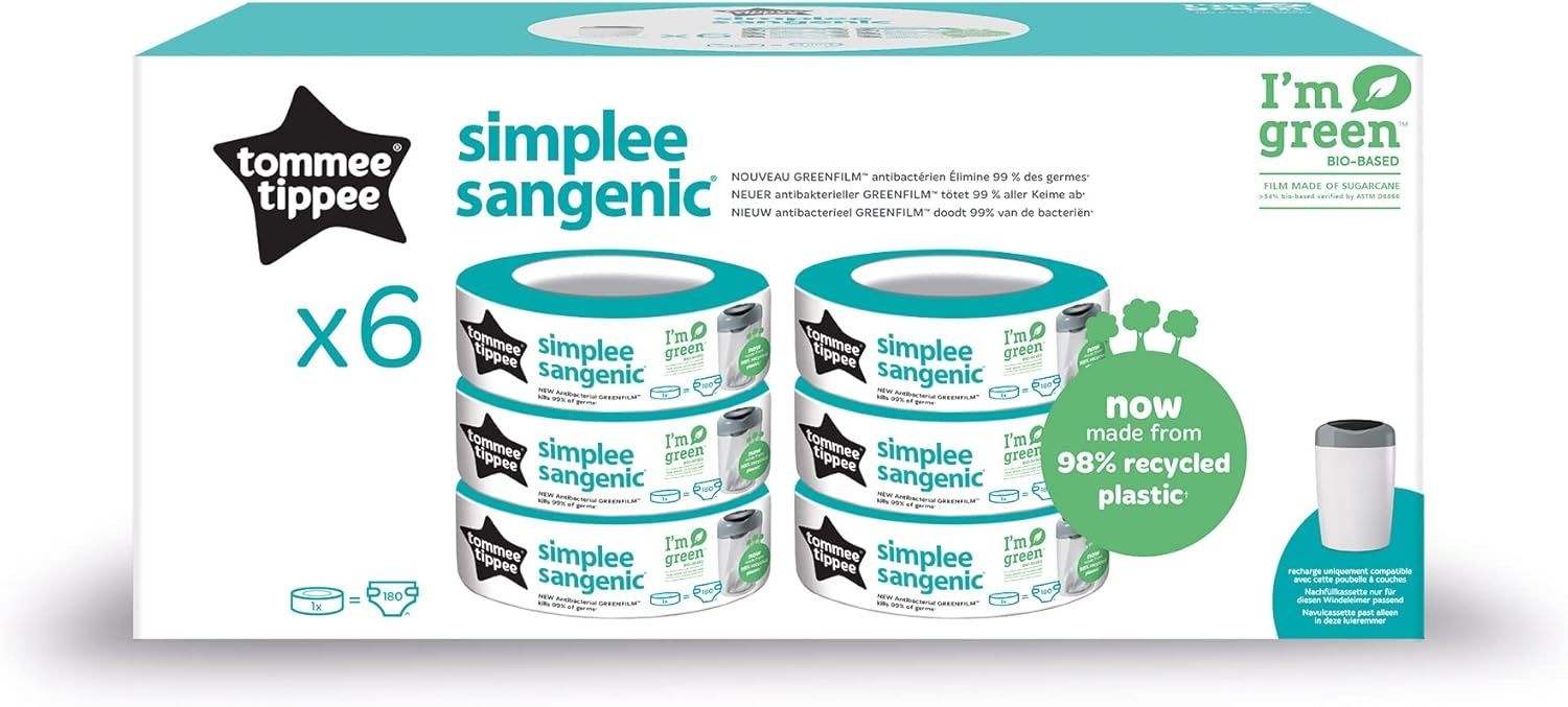 Tommee Tippee Simplee Sangenic navullingen voor luierbakken, duurzaam geproduceerde antibacteriële GREENFILM, verpakking van 6 - Maat Pack of 6