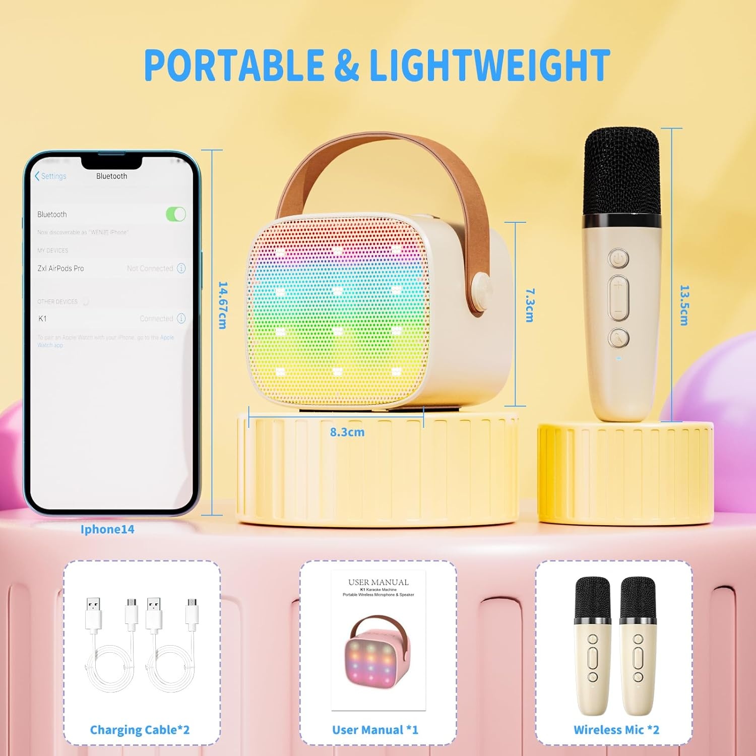Ankuka Mini Karaoke Machine voor Kinderen en Volwassenen, Beige, met Microfoon en Stemvervormer