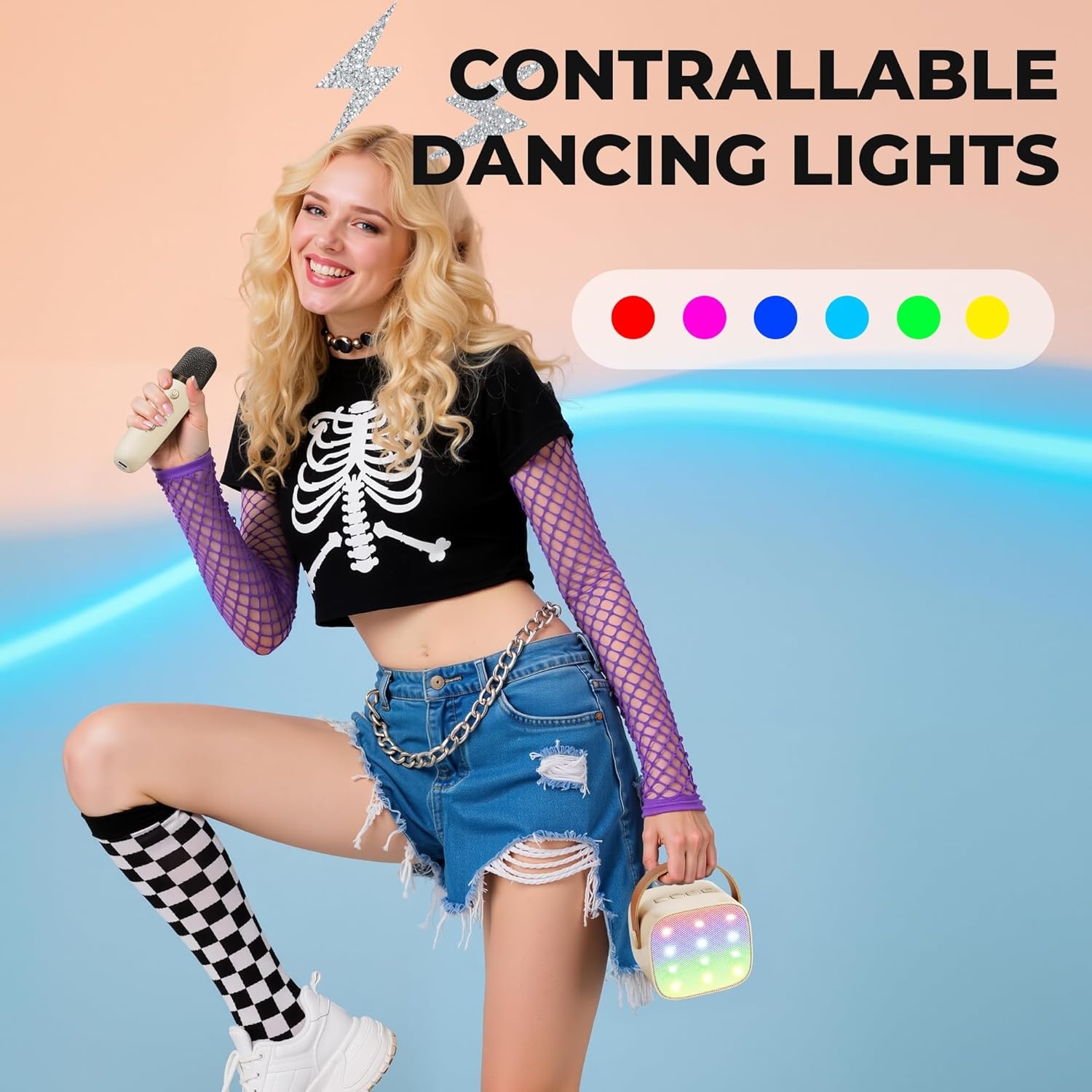 Ankuka Mini Karaoke Machine voor Kinderen en Volwassenen, Beige, met Microfoon en Stemvervormer