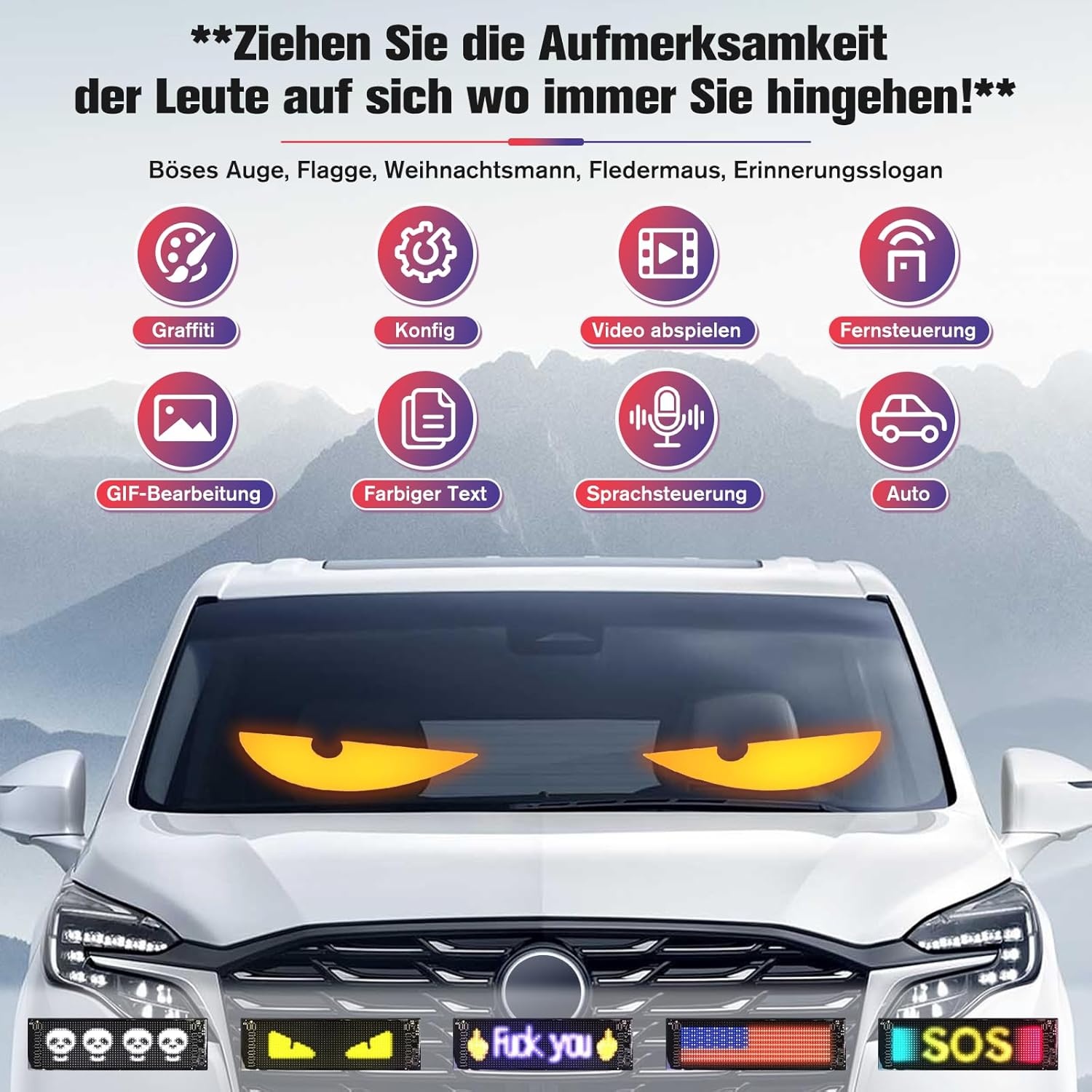 Duivelsaugenlicht, 2 stuks, duivelsogen, led-programmeerbare ooglichtborden, dynamisch flexibel led-display, auto met app-besturing en afstandsbediening, voor auto, vrachtwagen, 10 x 35 cm