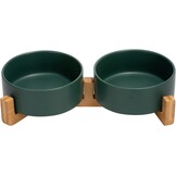 SPUNKYJUNKY Hondenbak Keramisch Dubbel Hondenvoerbak met Bamboe Standaard voor Katten en Honden (400ml, 1-Groen)