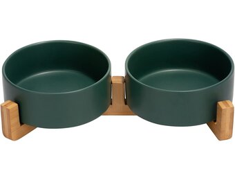 SPUNKYJUNKY Hondenbak Keramisch Dubbel Hondenvoerbak met Bamboe Standaard voor Katten en Honden (400ml, 1-Groen)