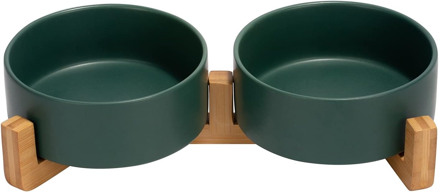 SPUNKYJUNKY Hondenbak Keramisch Dubbel Hondenvoerbak met Bamboe Standaard voor Katten en Honden (400ml, 1-Groen)