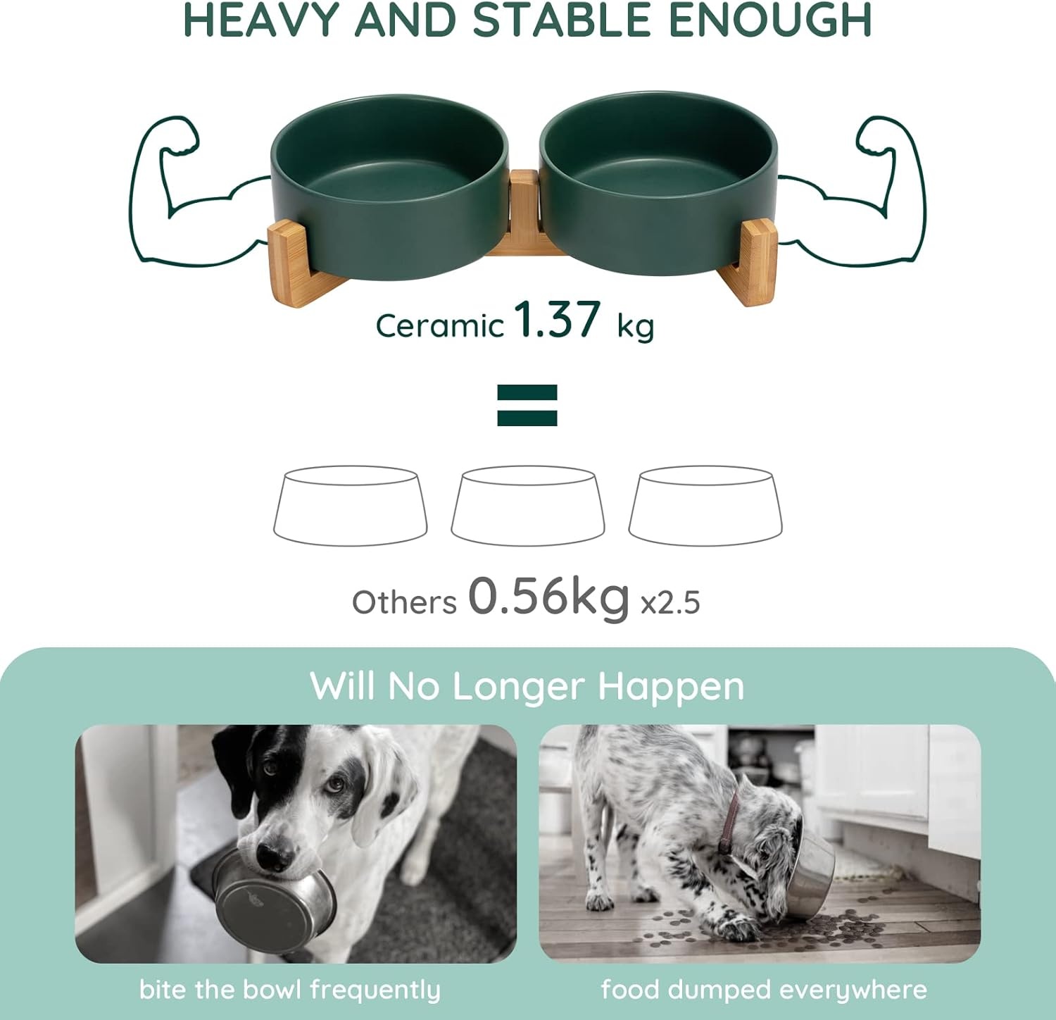 SPUNKYJUNKY Hondenbak Keramisch Dubbel Hondenvoerbak met Bamboe Standaard voor Katten en Honden (400ml, 1-Groen)