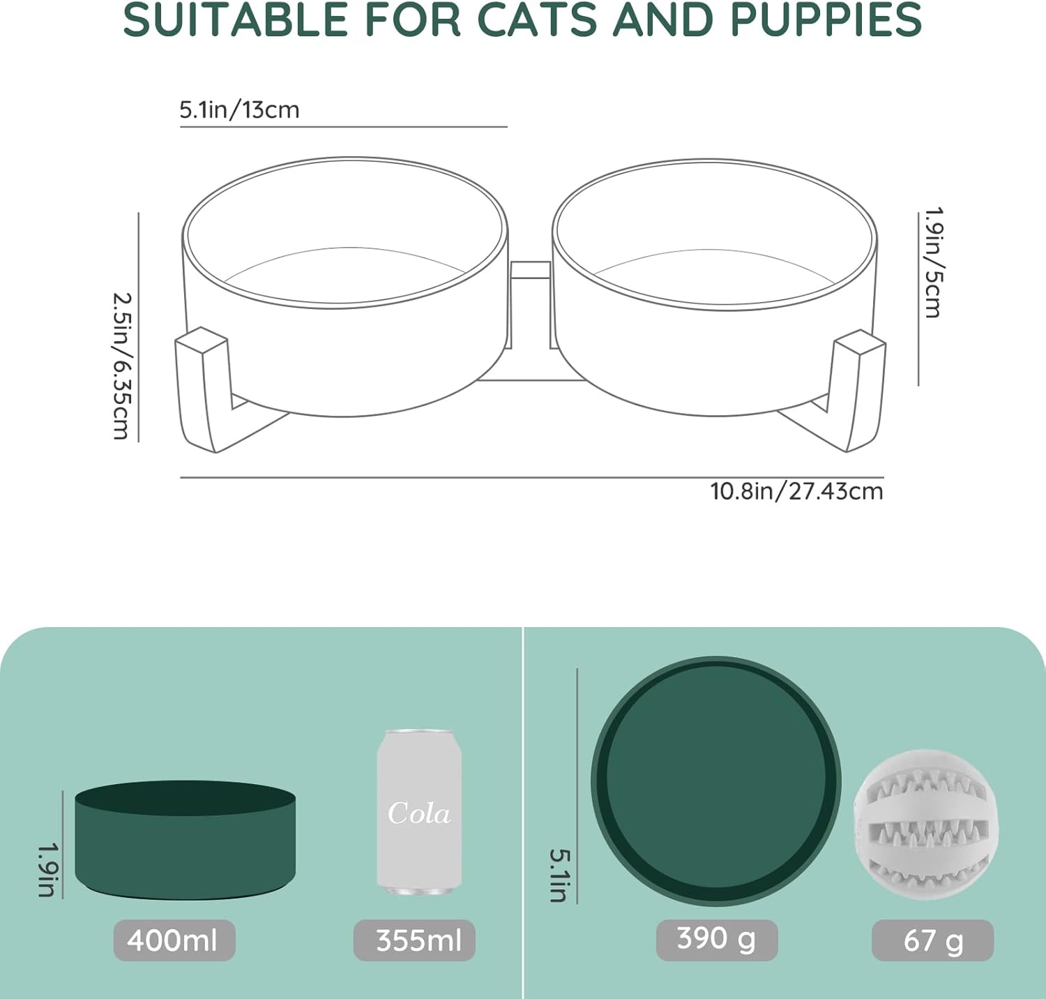 SPUNKYJUNKY Hondenbak Keramisch Dubbel Hondenvoerbak met Bamboe Standaard voor Katten en Honden (400ml, 1-Groen)