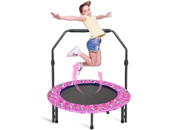 Trampoline voor kinderen, diameter 91 cm, mini-fitnesstrampoline met schuimrubberen handgreep en veiligheidsvulling, kleine opvouwbare trampoline voor binnen en buiten, tuintrampoline voor jongens en