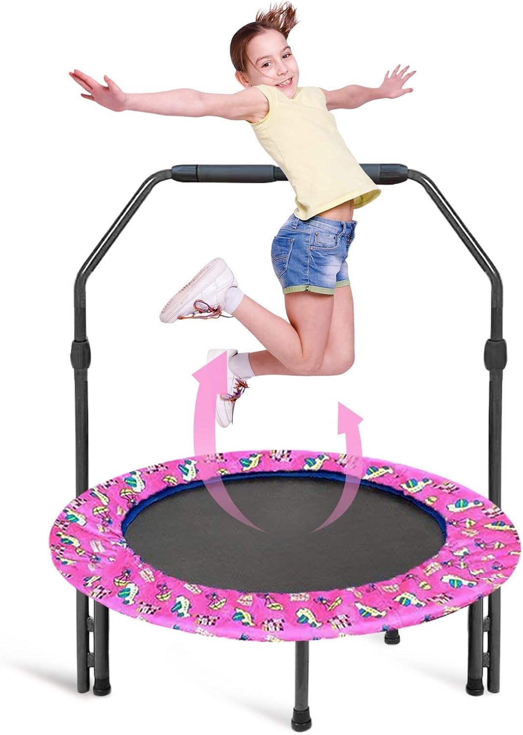 Trampoline voor kinderen, diameter 91 cm, mini-fitnesstrampoline met schuimrubberen handgreep en veiligheidsvulling, kleine opvouwbare trampoline voor binnen en buiten, tuintrampoline voor jongens en
