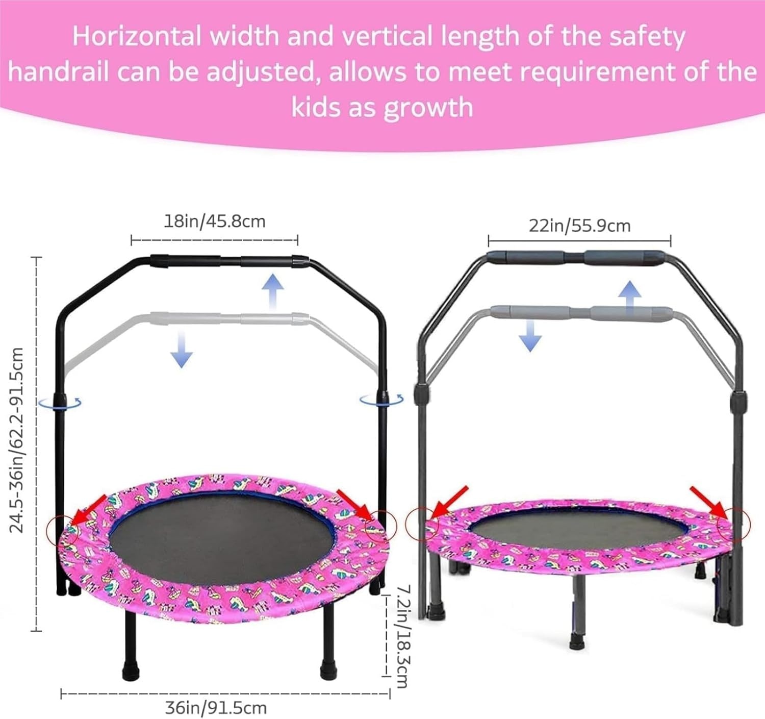 Trampoline voor kinderen, diameter 91 cm, mini-fitnesstrampoline met schuimrubberen handgreep en veiligheidsvulling, kleine opvouwbare trampoline voor binnen en buiten, tuintrampoline voor jongens en