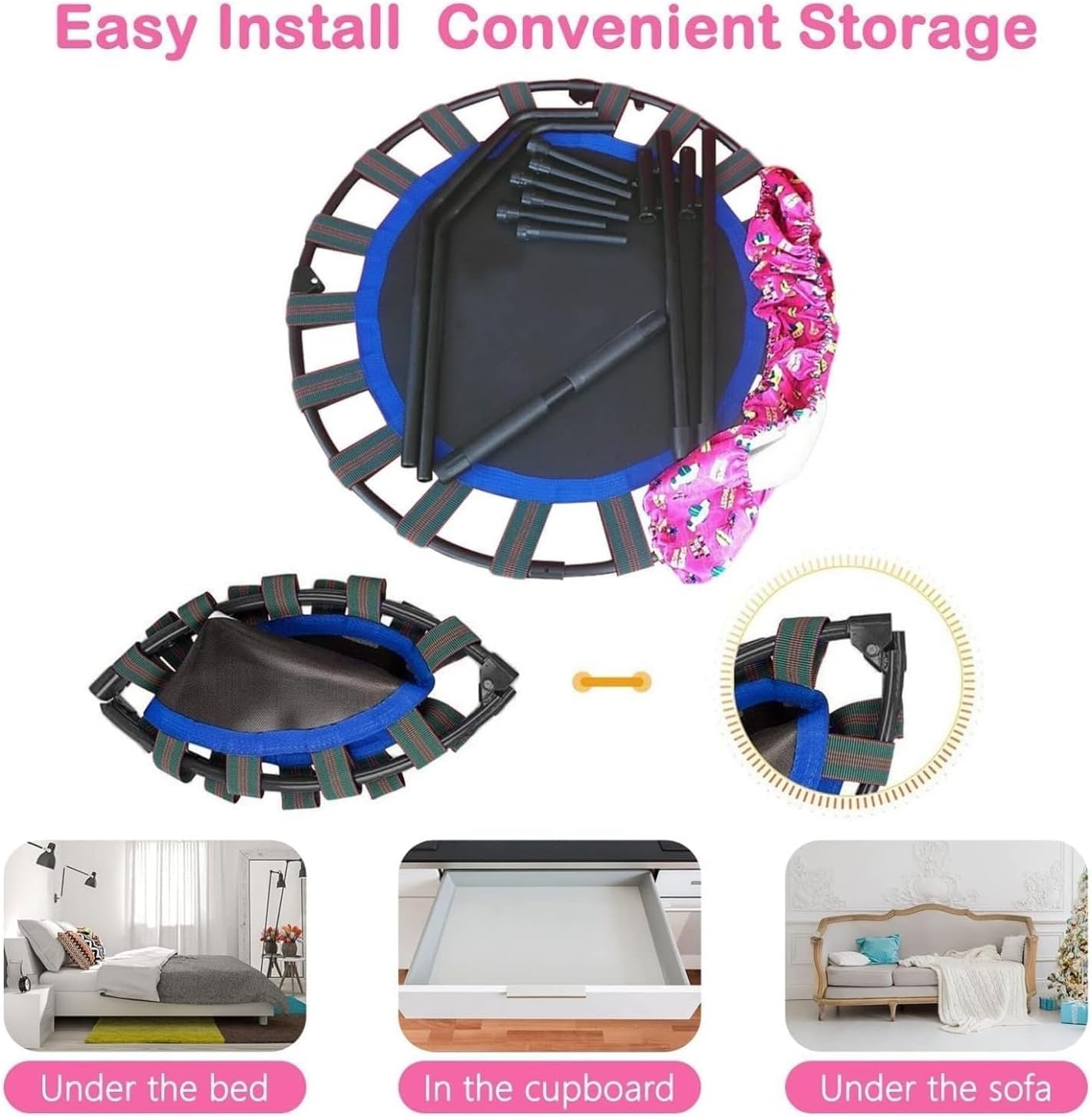 Trampoline voor kinderen, diameter 91 cm, mini-fitnesstrampoline met schuimrubberen handgreep en veiligheidsvulling, kleine opvouwbare trampoline voor binnen en buiten, tuintrampoline voor jongens en
